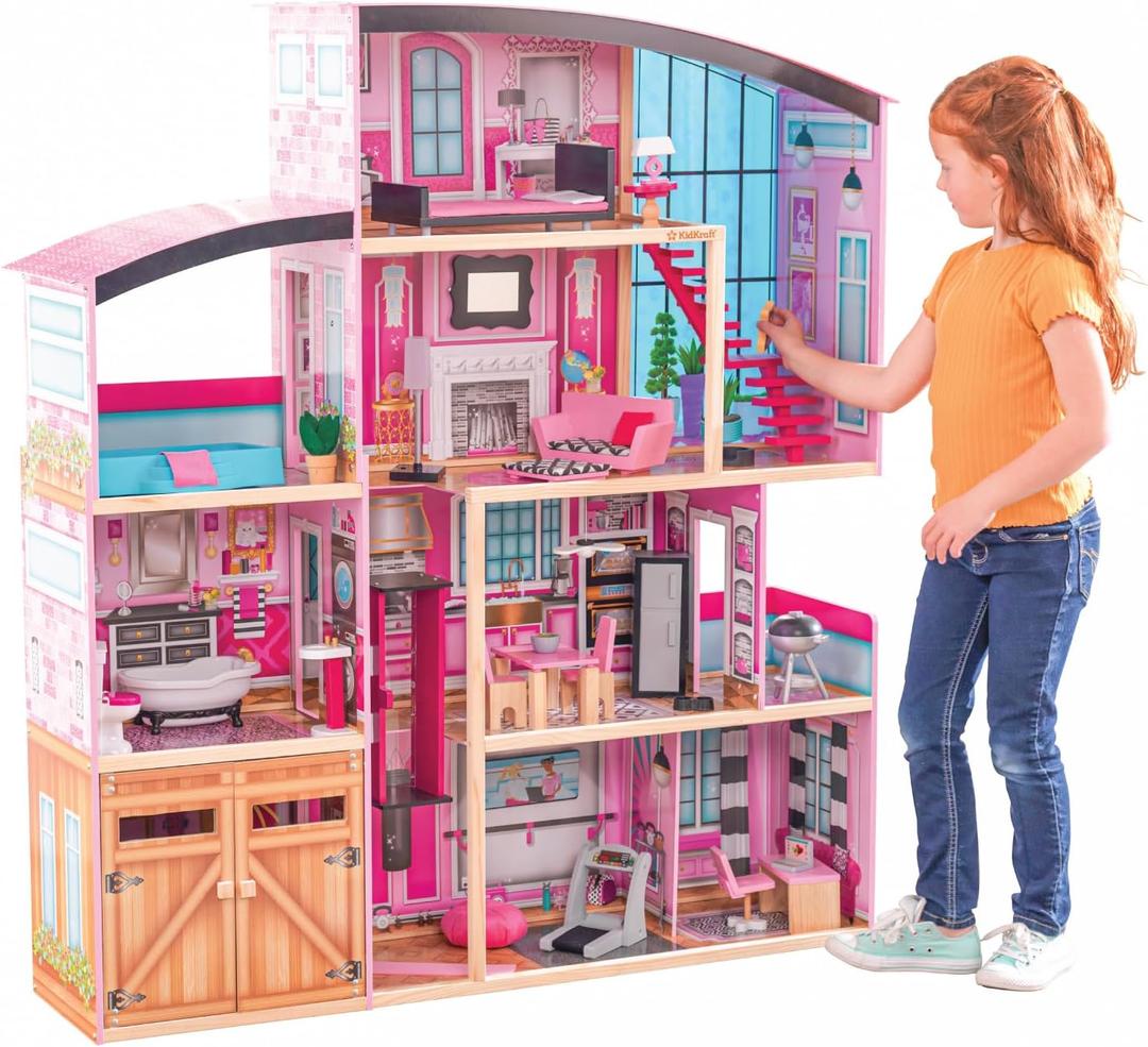 KidKraft Wooden Dollhouse Shimmer Mansion for 12" Dolls | Over 4 Feet Tall, Garage, For 12-Inch Dolls, DIY Pink Doll House, Gift for Ages 3+
