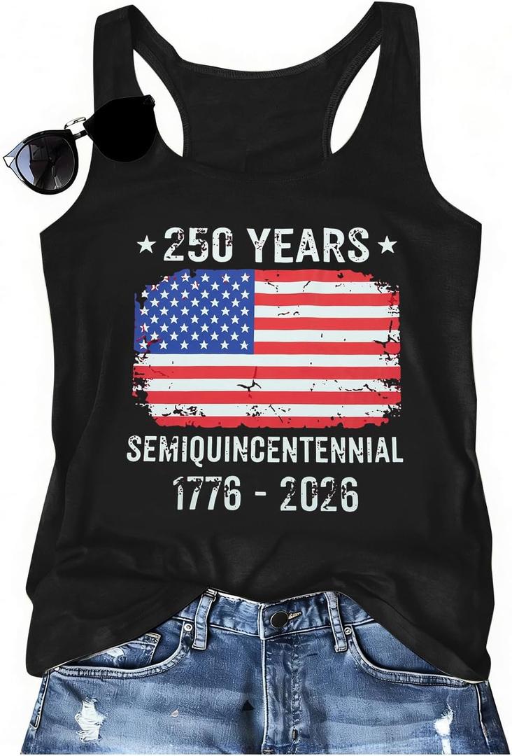 MNLYBABY 250 Years American Anniversary Tank Top Women 4th of July Patriotic Sleeveless Shirt American Flag Tops (Black, M)