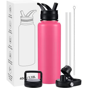 Insulated Water Bottles with Straw 40 oz Leak Proof, Vacuum Insulated Stainless Steel Sport Tumbler with 3 Lids Straw, Spout and Handle Lid for Sports, Gym or Office,Hot Pink