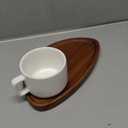 Ayucia Tea Cup and Saucer Set, 8OZ Cappuccino Cup with Acacia Serving Saucer and Spoon, White Cream Ceramic Coffee Mug with 9.4inch Wooden Plate for Latte Dessert Breakfast