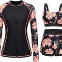 3 Piece Rash Guard for Women - Long Sleeve Swimsuits with Shorts SPF Zip up Swim Shirt with Built in Bra (Small, Black Floral)