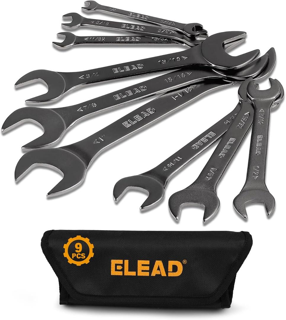 ELEAD 9-Piece Super-Thin Open End Wrench Set, SAE 1/4"-1-1/16", CR-V Nickel Plated, 3 mm Thickness Ultra-Slim Wrench Set for Tight Spaces, Durable Roll-Up Pouch for Mechanics