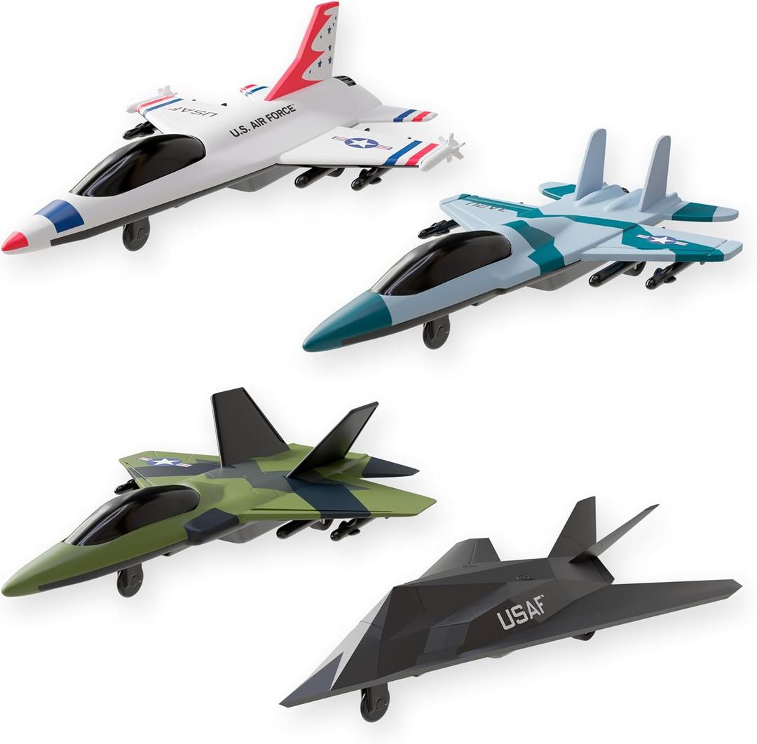 United Sates Air Force 4-Pack Toy Jet Squadron Die Cast Airplanes, Pull Back Military Fighter Jets, Diecast Air Plane Models