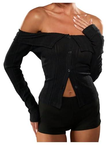 Floerns Women's Going Out Off The Shoulder T Shirts Long Sleeve Knit Button Front Fall Tops Black Medium
