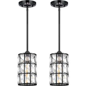 2 Pack 1 Light Hanging Kitchen Island Modern Crystal Pendant Light Fixture Black Finish Crystal Shade for Bar,Dining Room,Corridor,Living Room Over Sink