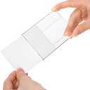 Hedume 50 Pcs Clear Sign Display Holder with 50 Pcs Blank Labels, 3.6" x 2.5" Horizontal Slanted Back L-Shape Acrylic Name Card Price Card Tag Label Counter Top Stand for Office, Restaurant, Store