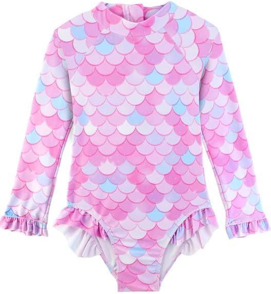 Baby Toddler Girl Long Sleeve Ruffle Swimsuit One Piece Zipper Rash Guard Bathing Suit with UPF 50+ Sun Protection (4-5T, Pink Mermaid)