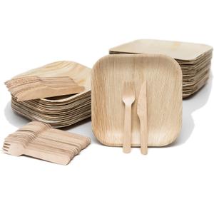 Bamboo Plates with Cutlery - Set of 50 Plates (8in) + 50 Forks + 50 Knives | Biodegradable Palm Leaf Plates | Disposable Dinner Plates | Rustic Dinnerware for Christmas, Wedding, Party