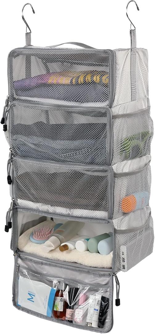 Surblue Travel Hanging Packing Cubes with 2 Hooks Hanging Shelves for Luggage Organizers Portable Compression 4 Shelf Closet Carry-on Suitcases Organizers, Medium, Lightgrey (M: 13.8*7.1*21.7 in)