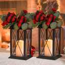 Christmas Lanterns Decorative Indoor, 2 Pack Christmas Lantern Outdoor, 12.5 Inch Decorative Candle Lanterns Flameless Light with Greenery and Bowknot for Table Centerpieces,Home, Porch Decor