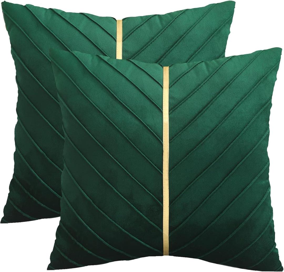 Green Velvet Throw Pillow Covers 26 x 26 Pack of 2 with Gold Leather Forest Green Decorative Couch Pillowcase Luxury Modern Soft Pillow Cover Spring Summer Home Decor for Sofa Bed Living Room