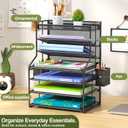 7 Tier Desk File Organizer, Black Metal Letter Tray Paper Organizer with Pull-Out Drawer, Removable Pen Holder & Hanging Basket, Vertical Desktop File Holder for Home Office, Classroom
