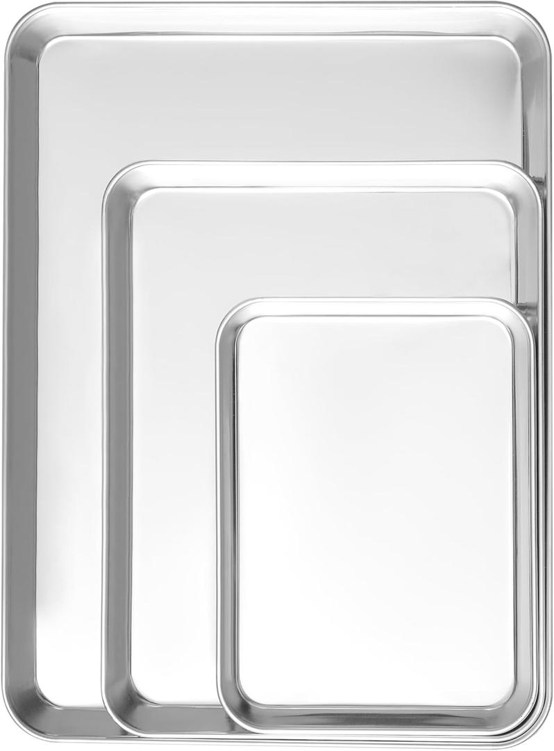 3 Pack Stainless Steel Baking Sheets - Non Stick Cookie Sheets & Pans for Oven, No Coating, Warp-Resistant & Dishwasher Safe, 9/12/16 Inch