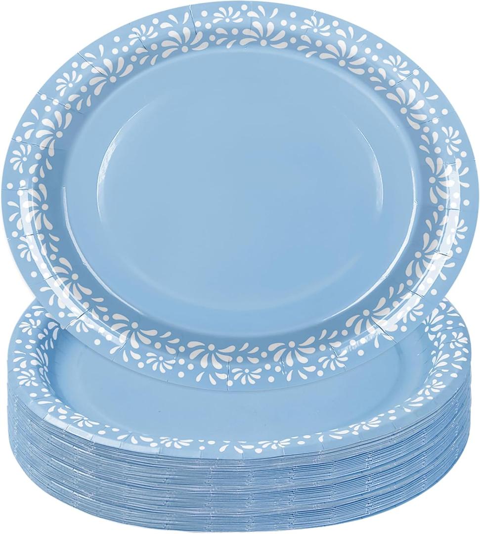 Whaline 50 Pcs Platos De Barro Mexicanos Paper Plates 12 x 10 Inch Blue Cielito Lindo Disposable Dinner Plates Mexico Fiesta Party Supplies for Baby Shower Wedding Decor