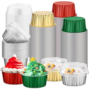 Spring Baking Cups with Lids 5 oz Mini Pink Aluminum Foil Cupcake Red Baking Cups for Spring Party Round Dessert Pans Molds Containers(100 Pcs,Red, Green, Gold, Silver)