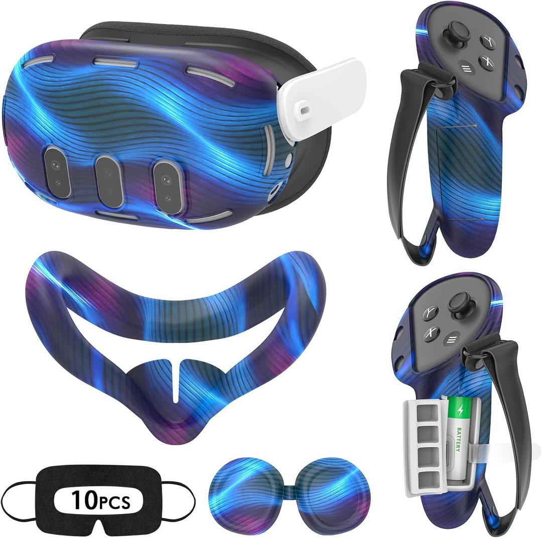 Tyasoleil VR Silicone Case for Meta Quest 3, Design Upgraded Accessories for Oculus Quest 3, Face Cover, Controller Grips, Shell Cover, Lens Cover, Disposable Eye Cover (Aurora Blue)