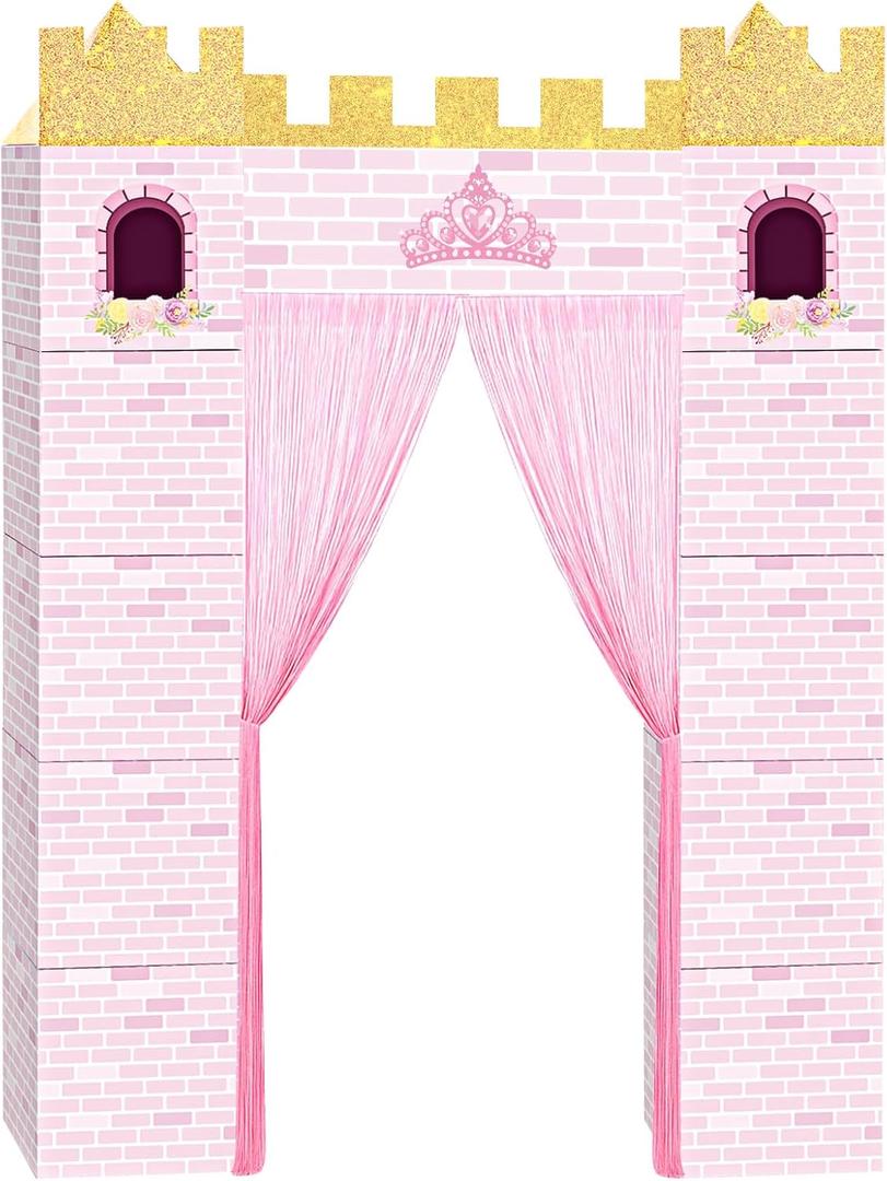 Panelee Princess Party Decoration Kit, 12''x12'' Pink Cardboard Castle Playhouse with Curtain Tassel Princess Castle Decorations for Birthday Baby Shower Christmas Party Backdrop Photo Booth