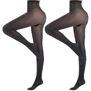 Yilanmy Sparkly Tights for Women Lurex Metallic Shimmer Tights, 50D High Waist Glitter Pantyhose 2 Pairs (Small-Medium, Black(silver)*2)