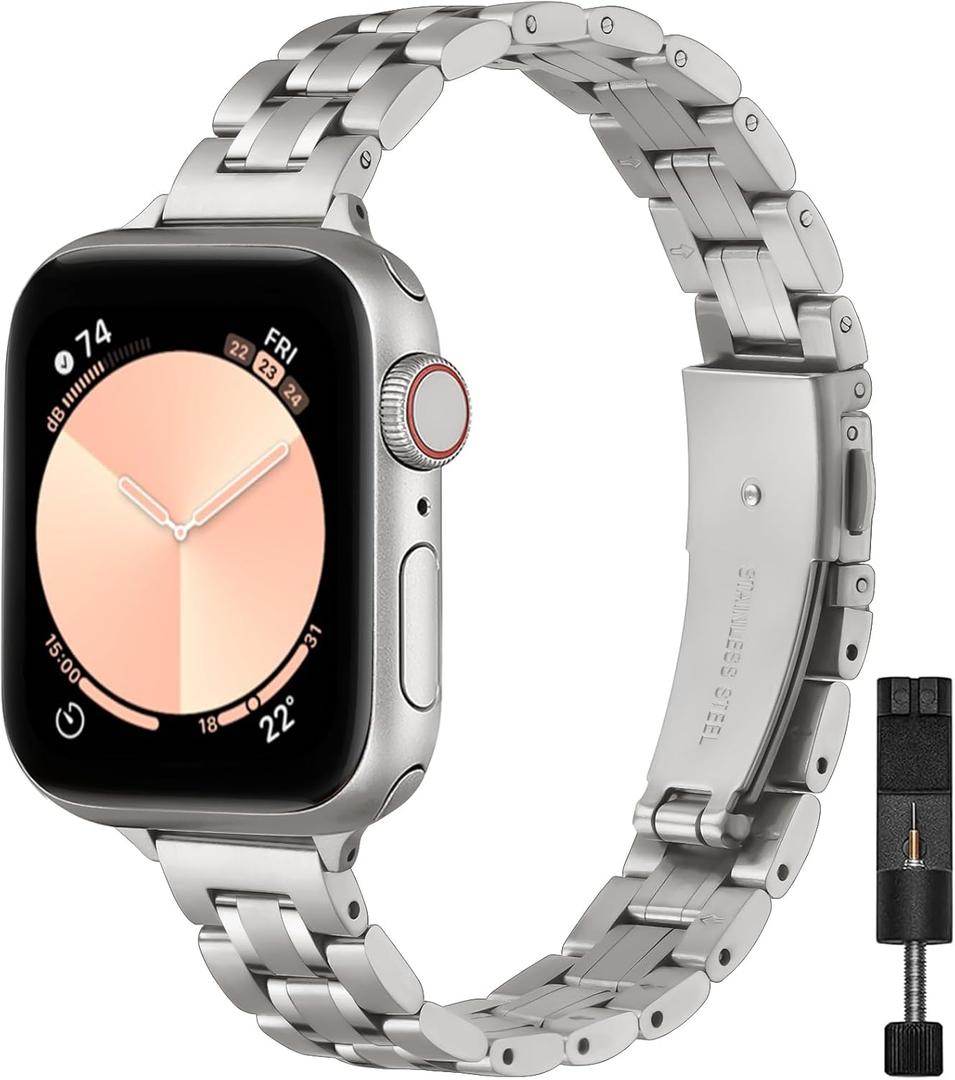 STIROLL Thin Replacement Band Compatible for Apple Watch 38mm/40mm/41mm/42mm, Metal Wristband Women Men for iWatch Ultra SE Series 10, Titanium