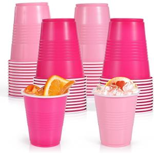 [50 Pcs] Pink Disposable Plastic Drinking Cups - 12 OZ Party Cups Bulk for Bachelorette, Two Pink Birthday Party Decorations