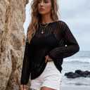 EVALESS Spring Tops Cruise Outfits for Women 2026 Long Sleeve Crochet Hollow Out Summer Sweaters Scoop Neck Lightweight Sweater Holiday Tops for Women Trendy 2026 Cold Shoulder Black Shirts, Large