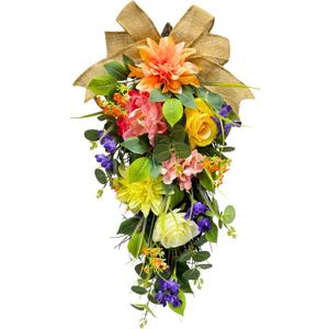 Svndlyn Spring Summer Floral Teardrop Swags Lighted Mixed Flower Teardrop Wreath with Dahlia Pinnata Peonies Rose Burlap Bow and Eucalyptus Leaves Floral Arrangement for Door Wall Mantel Window