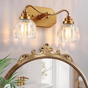 Vintage Bathroom Light Fixtures, 2 Light Gold Bathroom Vanity Light, Matte Antique Brass Finish with Crystal Glass Shade, Wall Sconces Lighting for Bedroom, Living Room, Hallway