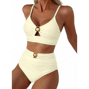 Herseas Womens 2 Piece Bikini Sets High Waisted Metal Ring Textured Swimsuit 2026 Summer Bathing Suits Beach Swimwear Medium