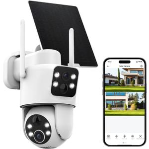 2K Dual-Lens Solar Camera Outdoor Wireless, 360 Pan/Tilt Solar Powered Security Camera with Rechargeable 10,000mAh Battery, IP66 Waterproof, Color Night Vision, Two-Way Audio for Home Security