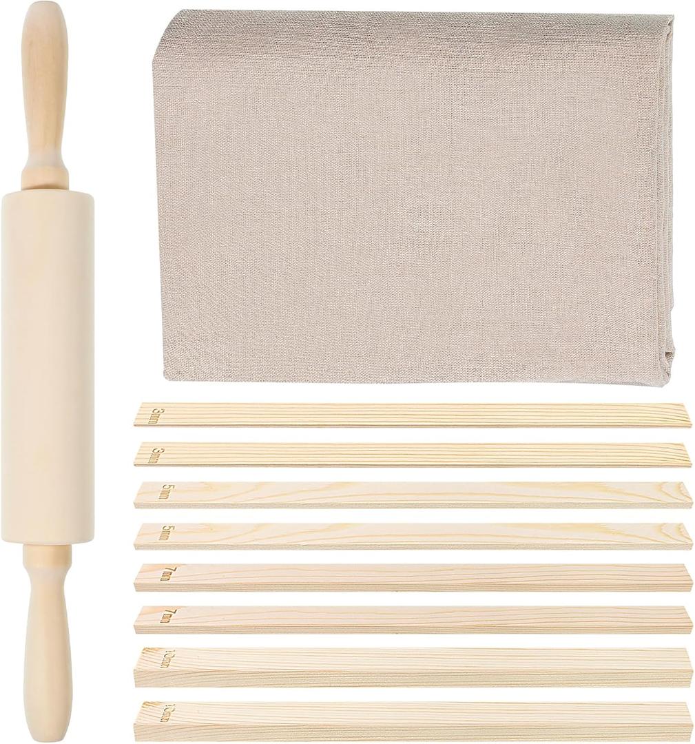 Yuanan 10 PCS Pottery Tools Include 1 Clay Rolling Pin for Clay Pottery 1 Portable Potterys Linen and 8 PCS 4 Size Teaching Rolling Mud Stick Guide Potterys Tool Kit for Ceramic Clays Projects