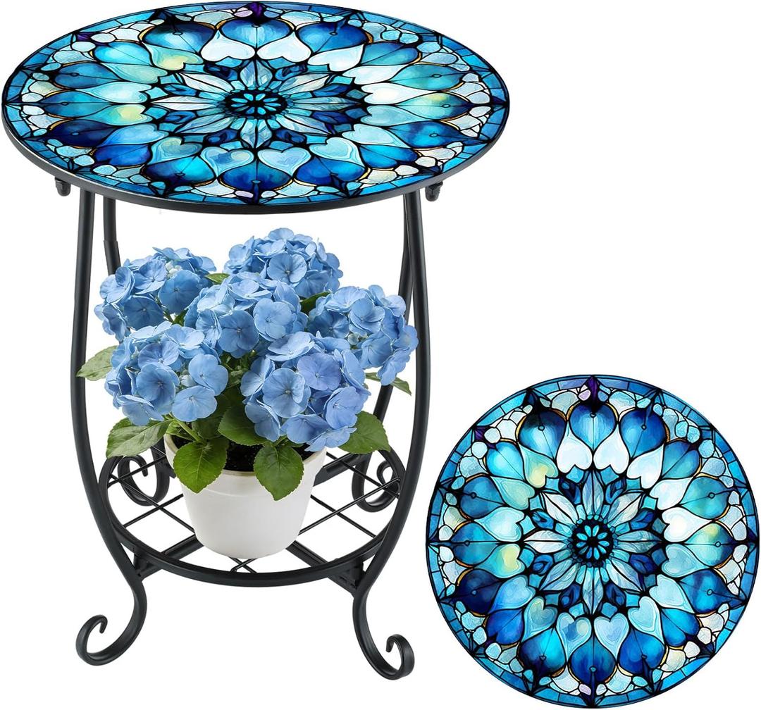 Cinnvoice Outdoor Side Table Round Small Mosaic Patio Accent Indoor End Plant Coffee Tea Table for Yard Patio Porch Garden Living Room, Bedroom(Mandala Style,18 Inch)