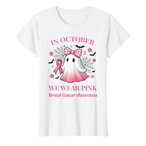 in October We Wear Pink Ghost Breast Cancer Awareness T-Shirt. Size XL