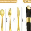 50 Pack Pre Rolled Gold Plastic Silverware Set,Wrapped Plastic Cutlery Set with Napkin Include 50 Forks,50 Spoons,50 Knives and 50 Black Napkins for Party, Wedding,Christmas