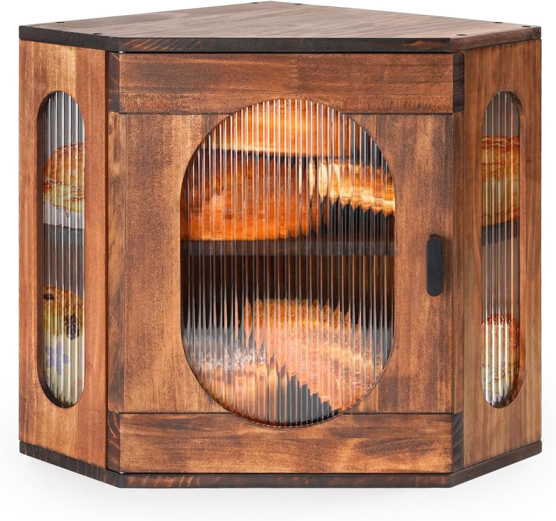 Sunhoo Bread Box for Kitchen Countertop Corner Bread Storage Wooden Breadbox Container 2 Layer Bread Holder Keeper Large Farmhouse Bread Bin Shelf for Homemade Pantry Vintage Acrylic Window (Brown)