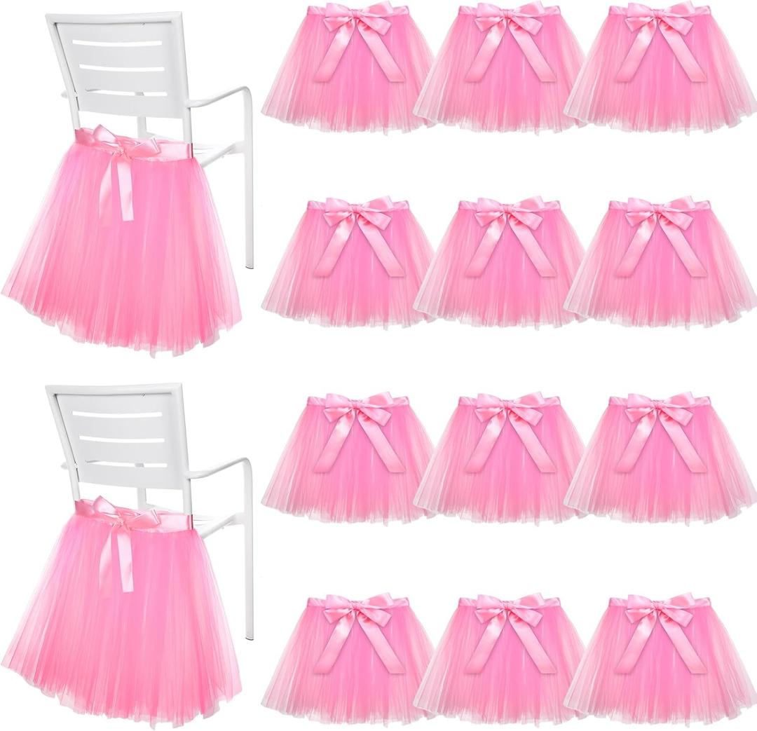 Timgle 12 Set Pink Tulle Tutu Chair Skirt Bulk with Sash Bow Baby Shower Party Throne Chair Decorations for Party Wedding Baby Shower Birthday Supplies(Pink)