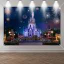 6x4ft Castle Backdrop Blue Castle Back Garden Fireworks Night Scene Background Girls Birthday Party Photobooth Backdrop Supplies Cake Table Decorations KUHB022
