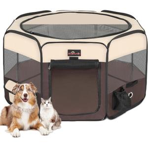 Aivituvin Dog Playpen, Foldable Pet Play Pens with Carrying Bag for Cat, Puppies, Rabbits, Portable Dog Tent Crates Cage for Travel Camping Indoor Outdoor, Removable Shade Cover, Brown S