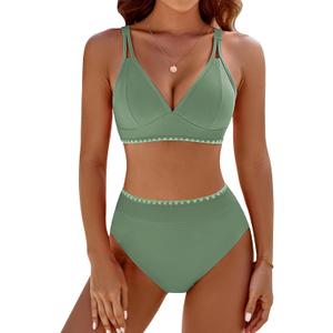BMJL Women's Bikini Sets V Neck High Waisted Swimsuits Shell Stitched Cheeky Two Piece Bathing Suit (Medium, Green039)