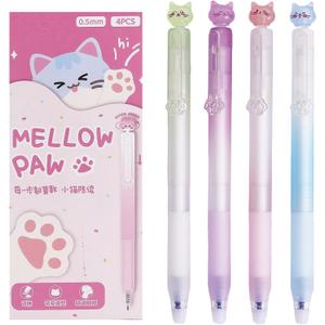4 Pcs Cute Erasable Gel Pens Cat Retractable Pens Cartoon Kitten Erasable Pen 0.5mm Blue Ink Writing Pen for Women Girls Boys Office School Supplies (Erasable Pens-Blue Ink)