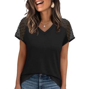 WIHOLL Summer Tops for Women V Neck T-Shirts Swiss Dot Short Sleeve Shirts Casual Fashion Blouses (Small, 0-black)