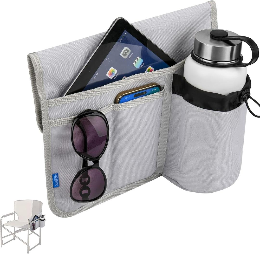 Xxerciz Beach Chair Cup Holder, Camping Chair Armrest Drink Organizer with Easily Attached Hook and Loop Strap, Universal Chair Accessory for Water Bottle, Sunglasses, Phone, Tablet, etc. (Gray)