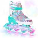 Nattork Kids Inline Skates Butterfly and Flower for Boys Girls Kids, 4 Sizes Adjustable Quad Skates with All Light up Wheels - Birthday Gift for Indoor Outdoor Sports (Small(10C-13C), Teal)