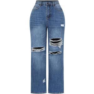 THUNDER STAR Womens High Waisted Wide Leg Jeans Stretchy Distressed Denim Pants Blue XL