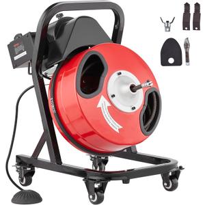 VEVOR 50FT x 1/2Inch Sewer Snake Cleaning Machine on 4 Wheels Electri Drain Auger with 4 Cutters & Foot Switch for 1''-4'' Pipes, Red, Black