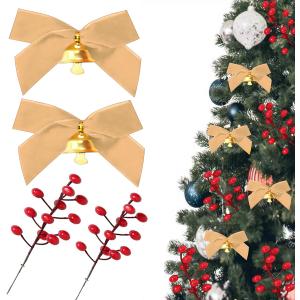 24 Pcs Velvet Bows for Christmas Tree with 12 Branch Artificial Red Berry,Vintage Velvet Ornaments Ribbon Bows for Tree Garland Wreath Xmas Decorations (Brown)