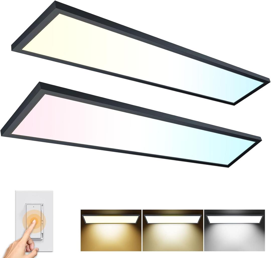 AIKVSXER 2PACK 1x4 LED Flat Panel Light Surface Mount Ceiling Light Black, 5500LM 50W TRIAC 10-100% Dimmable, 3000/4000/5000k Selectable 120V LED Light Fixture for Kitchen/Laundry/Garage
