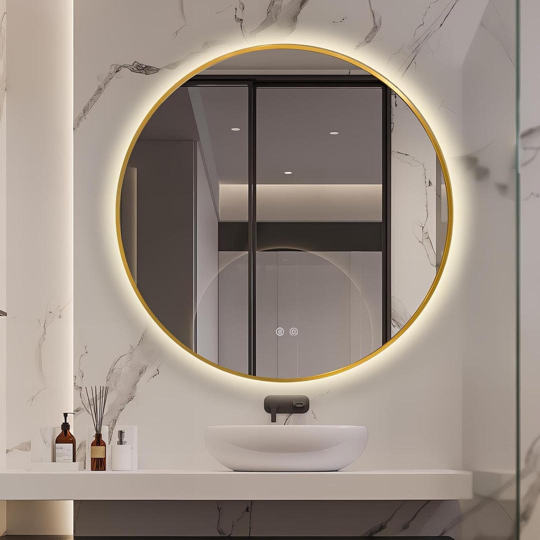 Niccy 36" Round LED Bathroom Backlit Mirror with Lights, Gold Frame Lighted Bathroom Vanity Mirrors for Wall Circle Mirror with Anti-Fog, Light Up Mirrors 3 Color ShatterProof