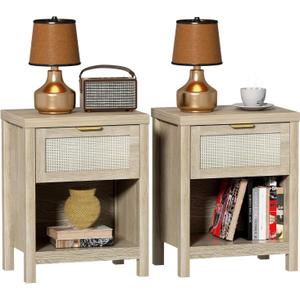Rattan Night Stand Set of 2 Farmhouse Black Side Table with Drawer and Storage Shelf Boho Bedside Table for Bedroom End Tables (2, Light Oak)