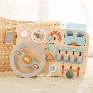 Wooden Montessori Steering Wheel Sensory Activity Board for 1-4 Year Olds, Fine Motor Skills, Travel Busy Board Educational Toys for Boys and Girls (Simulated Driving)