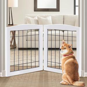 LZRS 2-Panel Freestanding Foldable Wood Dog Gate  Solid Wood & Steel Wire, Chew-Resistant Pet Barrier for Indoor Use, Ideal for Small to Medium Dogs, White